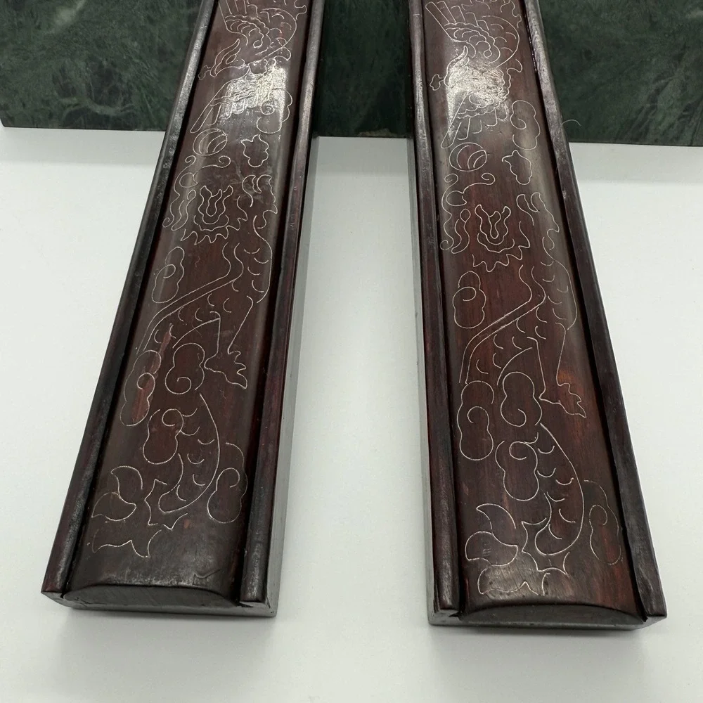 Vintage Chinese Wood Chopsticks Set w/ Carved Dragon Case 8 Pair Red Lacquer